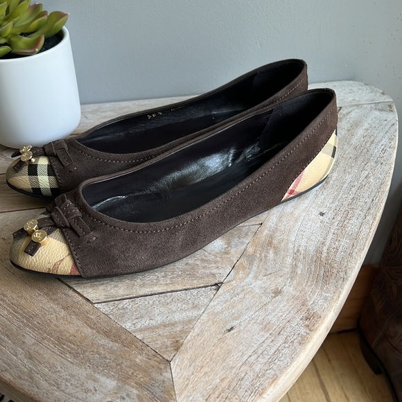 Burberry haymarket check cap toe Yates brown suede ballerina flats size 38.5 - Picture 5 of 11